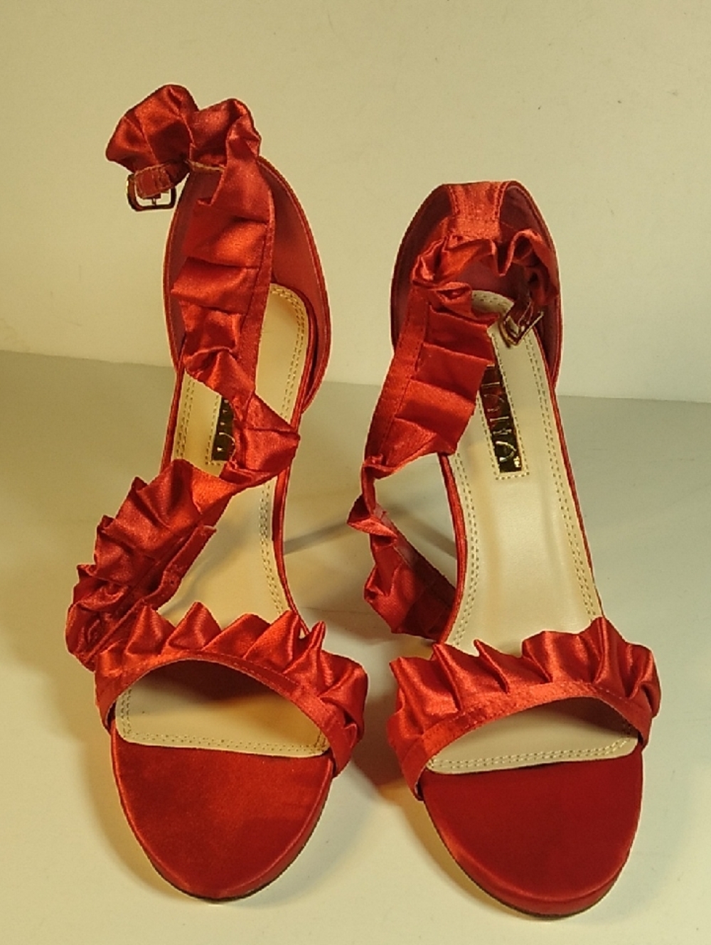 LILIANA,Red Ruffle Satin Women's Heeled SHOES.